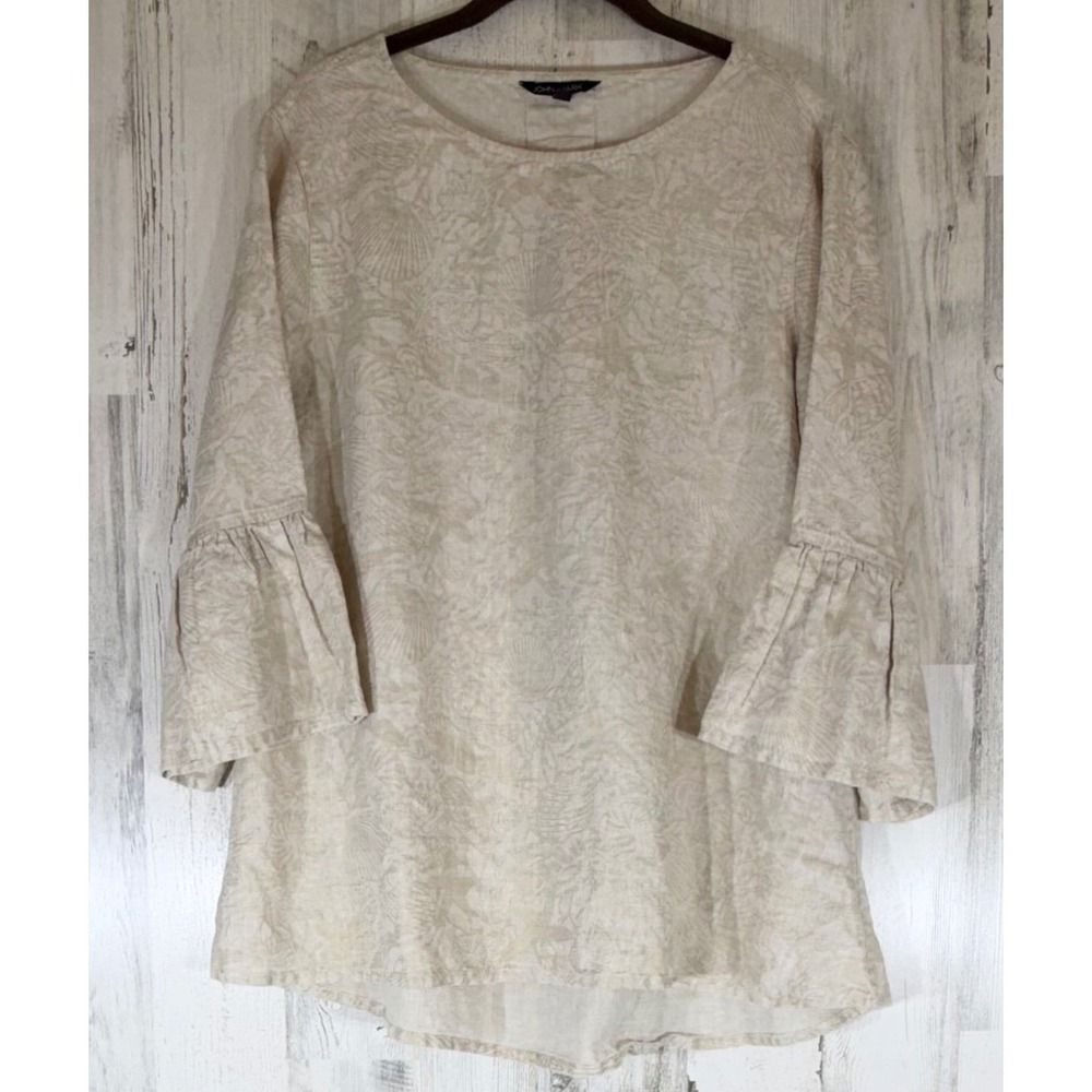 John Mark Linen Top Medium Beige Seashell Print Bell Sleeve Coastal Nautical